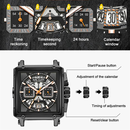 MEGIR Sport Watches for Men Waterproof Quartz Military Wristwatches Square Dial Male Chronograph Watch 24-hour Reloj Hombre 2233