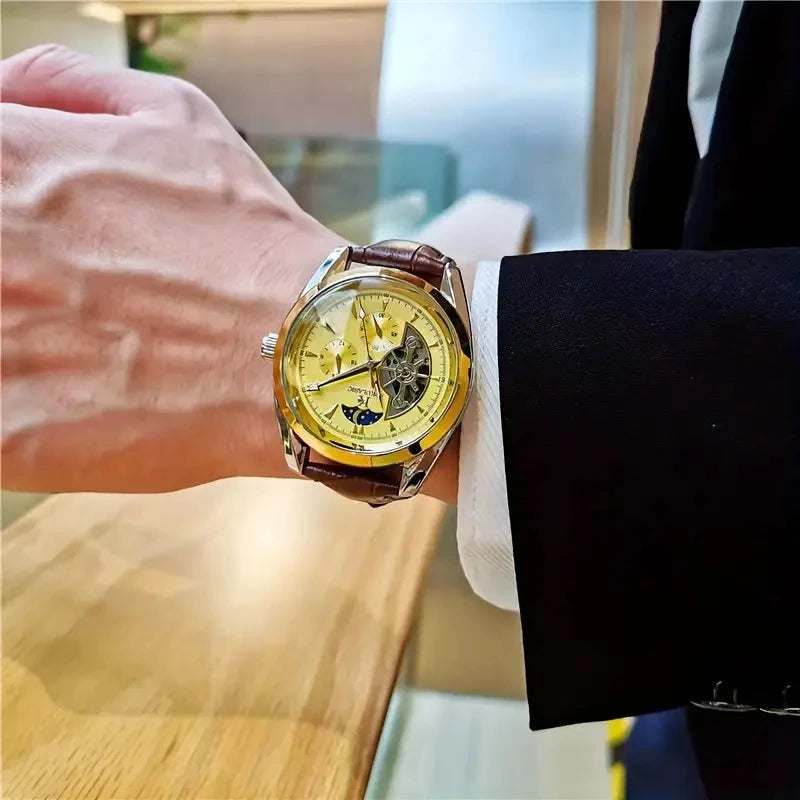 Luxury Men's Automatic Mechanical Watch, Cool Hemispherical Design, Best-Selling Men's Watch, Moon Phase Pointer, Skeleton Design, the Best Gift for Him, No Battery Needed