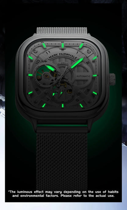 Mark Fairwhale 6014 Men's Automatic Movement Mechanical Watch Square Dial Stainless Steel Waterproof Mesh Strap Watches for Men