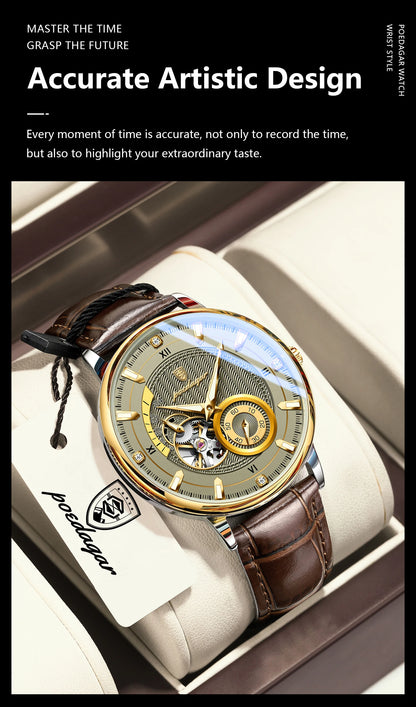 POEDAGAR Military Sport Man Watch Waterproof Luminous Hollow Tourbillon Men Clock Automatic Mechanical Leather Men's Watches+Box