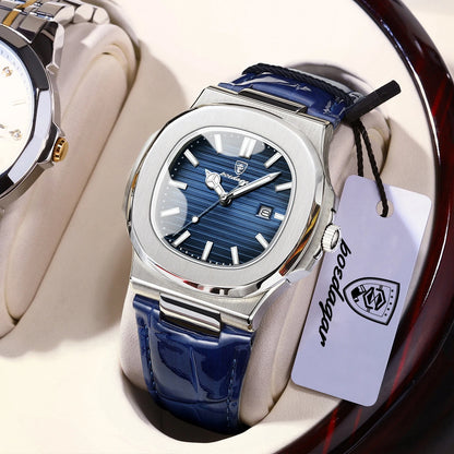 POEDAGAR Top Square Man Watch Date Waterproof Luminous Luxury Men Wristwatch High Quality Leather Men's Quartz Watches+Box Reloj