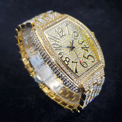 1pcs Quartz Men's Watch Luxury Fashion Wristwatch Hip-Hop Street Style Full Diamond Tonneau Date Watches for Party Accessory