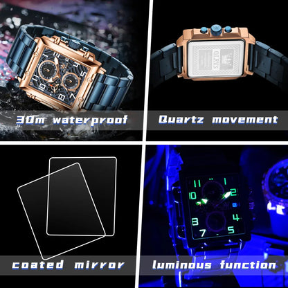 OLEVS Brand Square Multifunctional Quartz Watch for Men Stainless Steel Waterproof Sport Chronograph Mens Watches Reloj Hombre