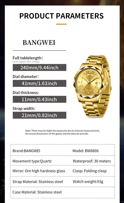 BANGWEI Quartz Watch For Men Luxury Calendar Waterproof Business Men's Wristwatch Luminous Big Dial Simple Man Watch hombre