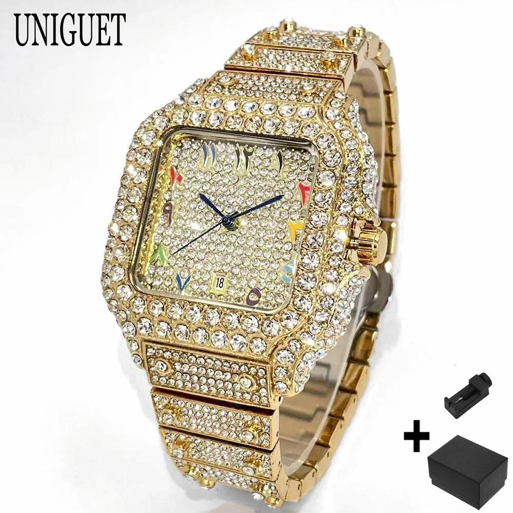 2026 New Luxury Diamond Watch Men Fashion Iced Out Square Colorful Number Watches Hip Hop Bling Jewelry Reloj Hombre for Gift