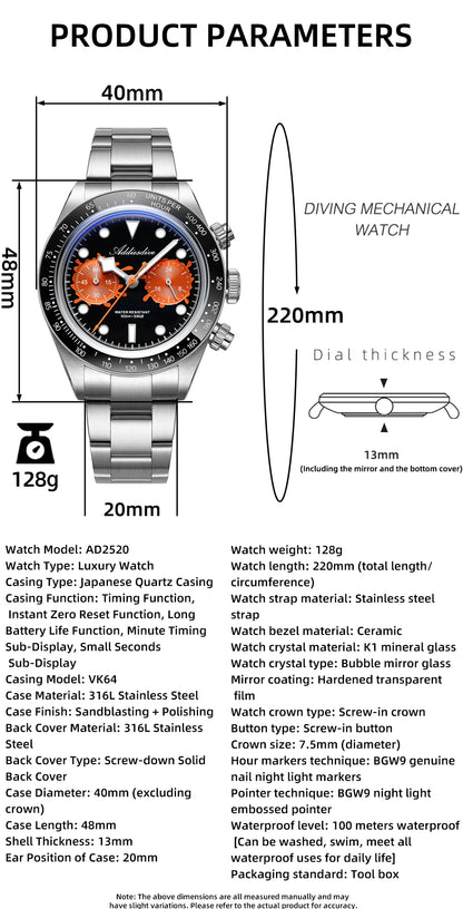 ADDIESDIVE New Luxury Mens Quartz Chronograph Watch VK64 Luxury Wristwatch Ceramic Bezel Stainless Steel 100M Waterproof AD2520