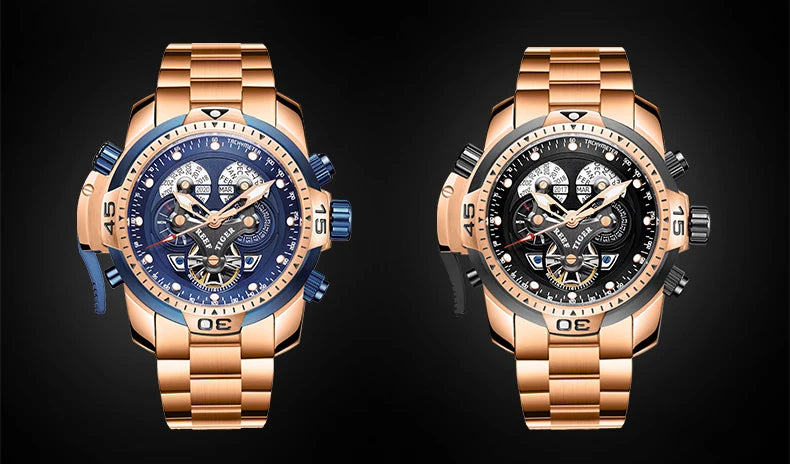 Reef Tiger/RT Designer Stainless Steel Completed Calendar Automatic Watch Men Date Rose Gold Bracelet Mechanical Watches RGA3503