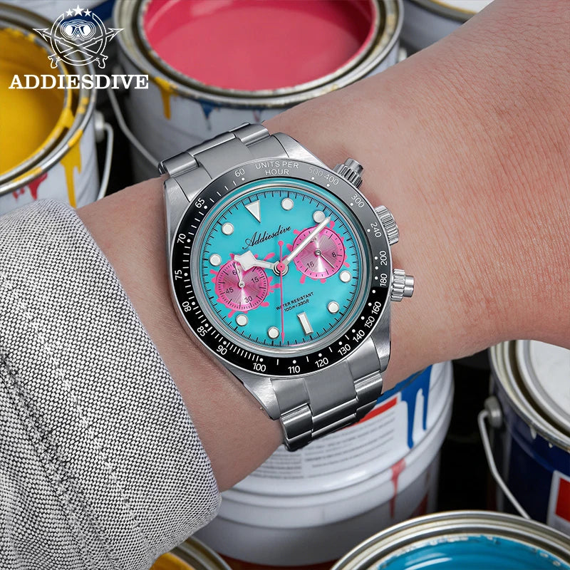 ADDIESDIVE 2026 NEW Multifunctional Chronograph VK64 Quartz Watch Ceramic Bezel Stainless steel Men's Watch Waterproof Luminous