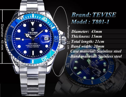 TEVISE Men's Luxury Automatic Mechanical Watch Blue Ocean Dial Stainless Steel Sport Watch, Business Casual Style with Date D