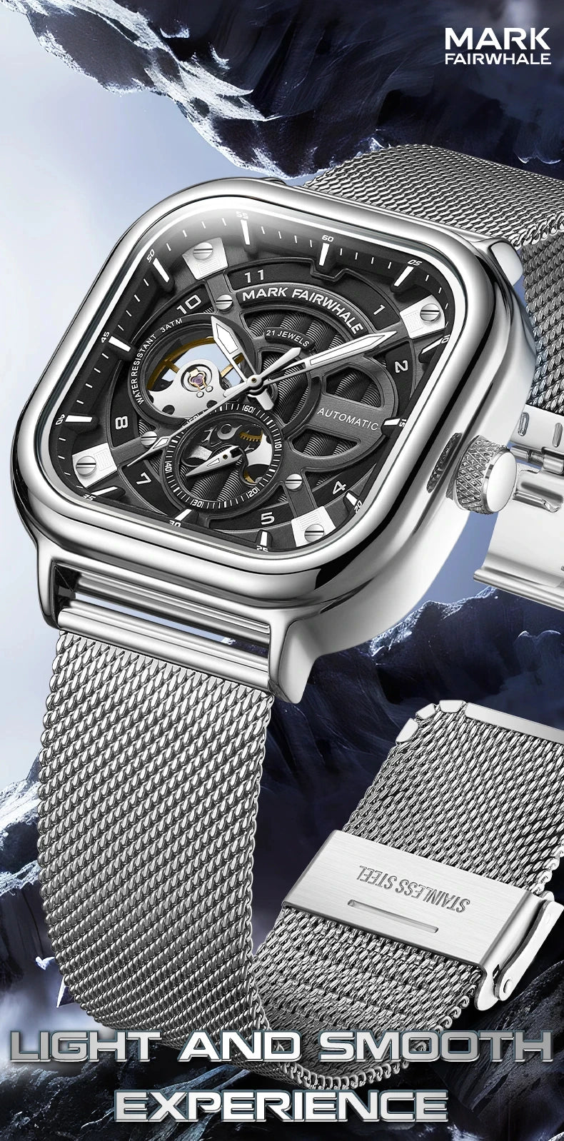 Mark Fairwhale 6014 Men's Automatic Movement Mechanical Watch Square Dial Stainless Steel Waterproof Mesh Strap Watches for Men