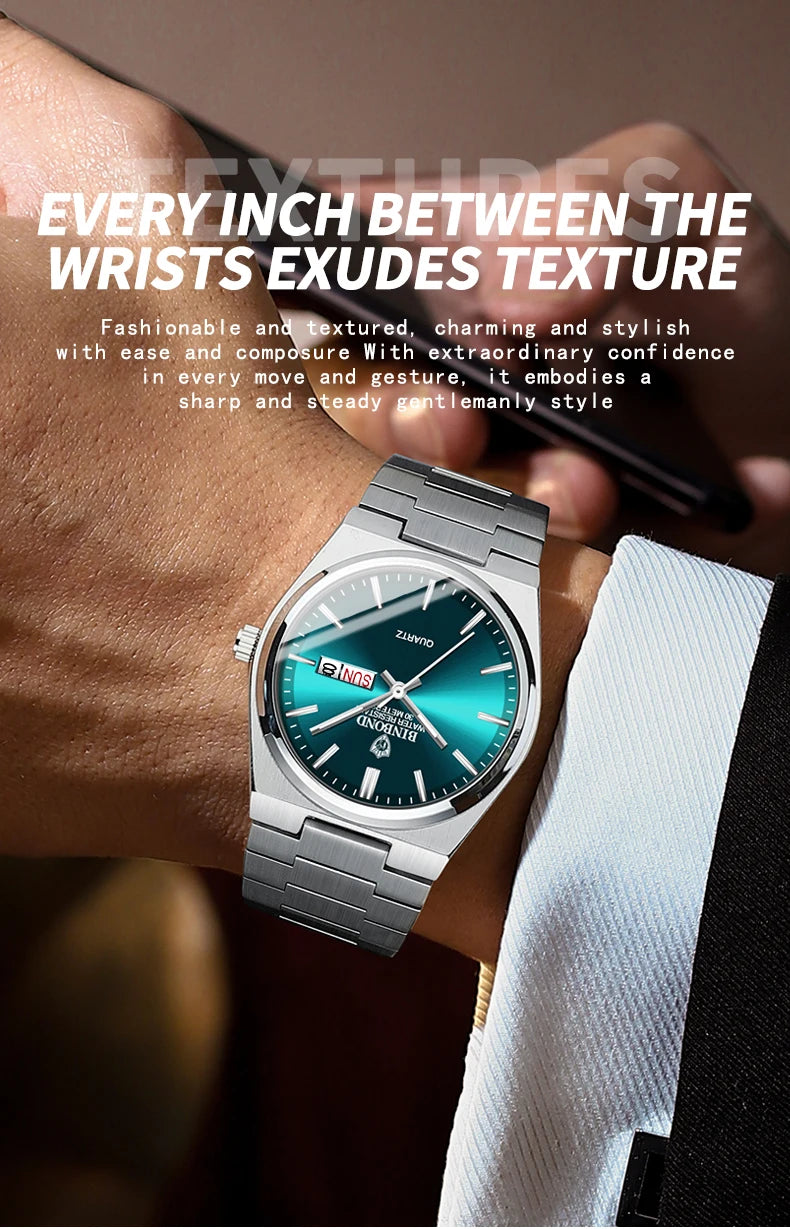 BINBOND Men's Fashion Business Watch Quartz Movement Stainless Steel Buckle Waterproof Luminous Calendar Leisure Watch