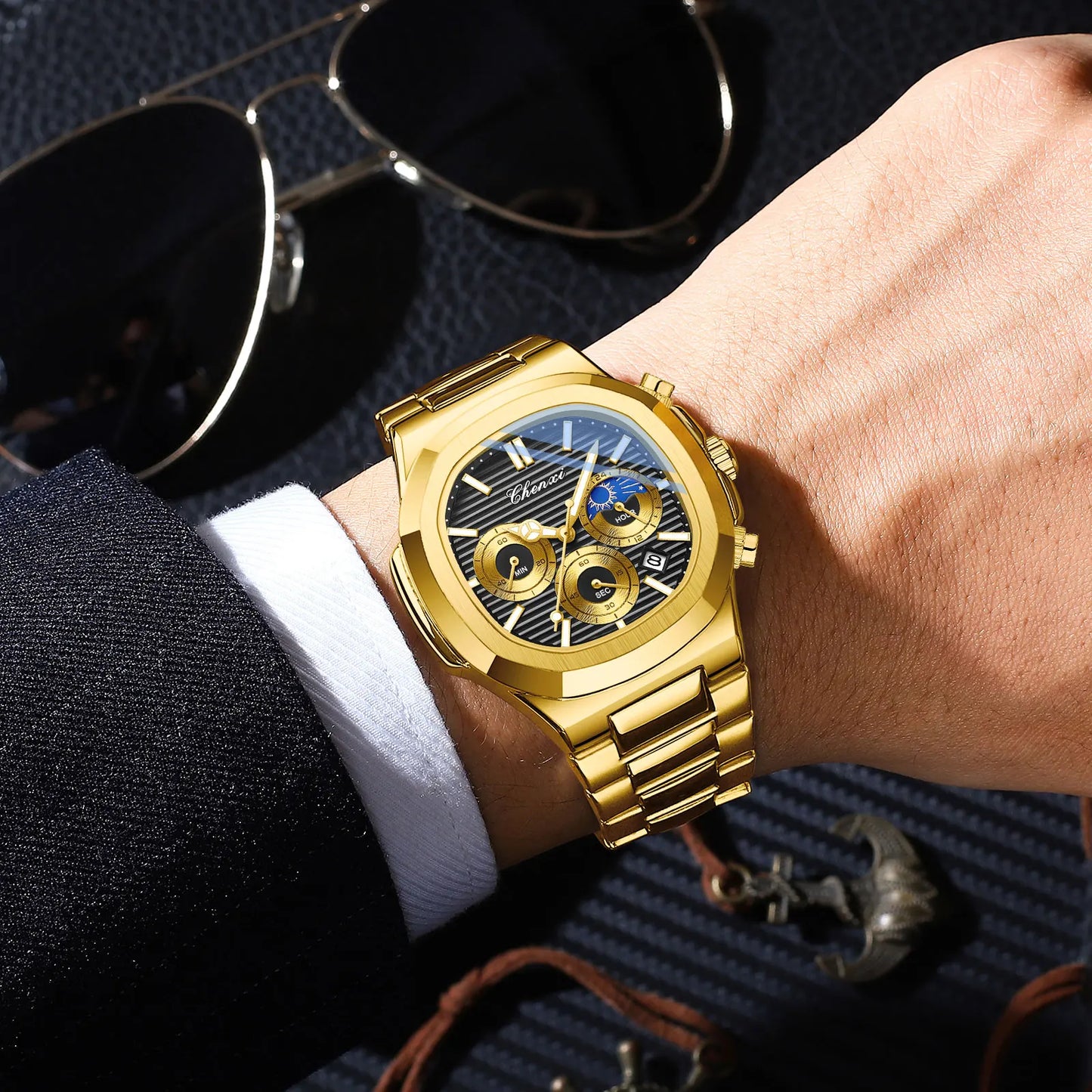 CHENXI Luxury Business Multifunctional Men's Watches Waterproof Chronograph Moonphase Stainless Steel Men's Quartz Watch Casual