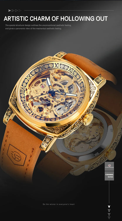 Forsining Royal Retro Skeleton Automatic Mechanical Watch for Men Leather Strap Business Casual Mens Watches Top Brand Gifts New