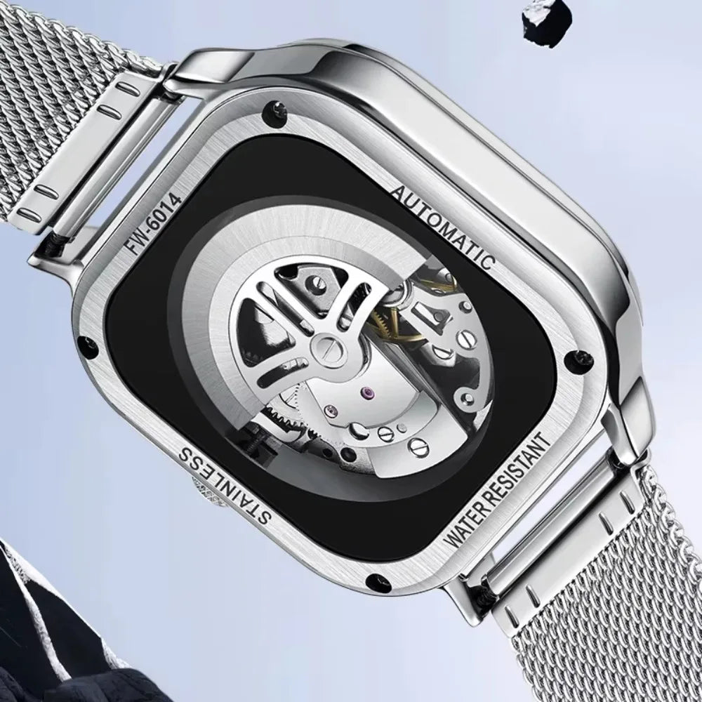 Mark Fairwhale 6014 Men's Automatic Movement Mechanical Watch Square Dial Stainless Steel Waterproof Mesh Strap Watches for Men