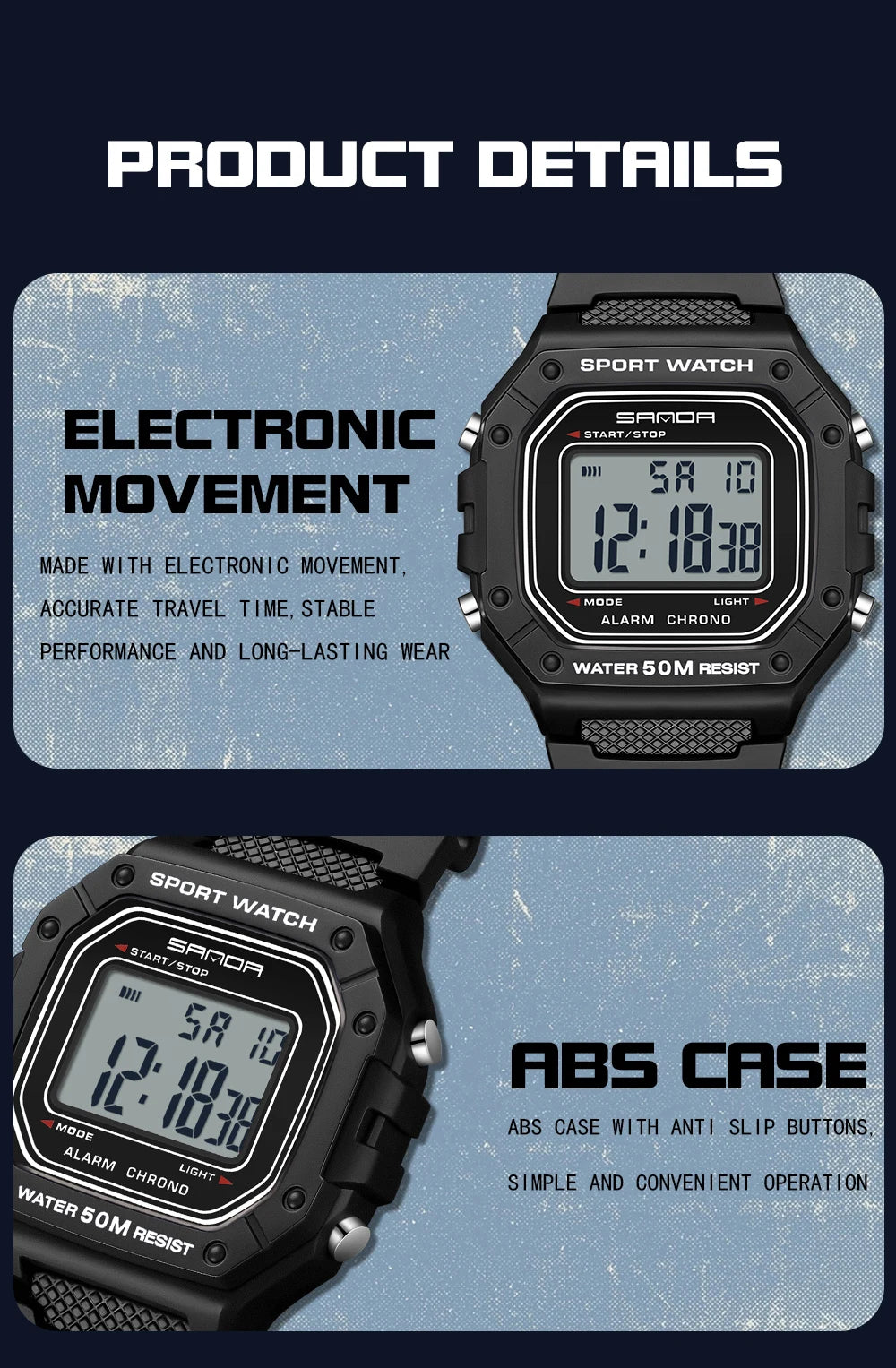 SANDA Fashion 2156 Men's Electronic Watch Movement Rectangular Sports Waterproof LED Display Screen Dial Men's Electronic Watch
