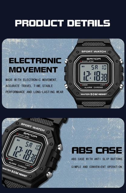 SANDA Fashion 2156 Men's Electronic Watch Movement Rectangular Sports Waterproof LED Display Screen Dial Men's Electronic Watch