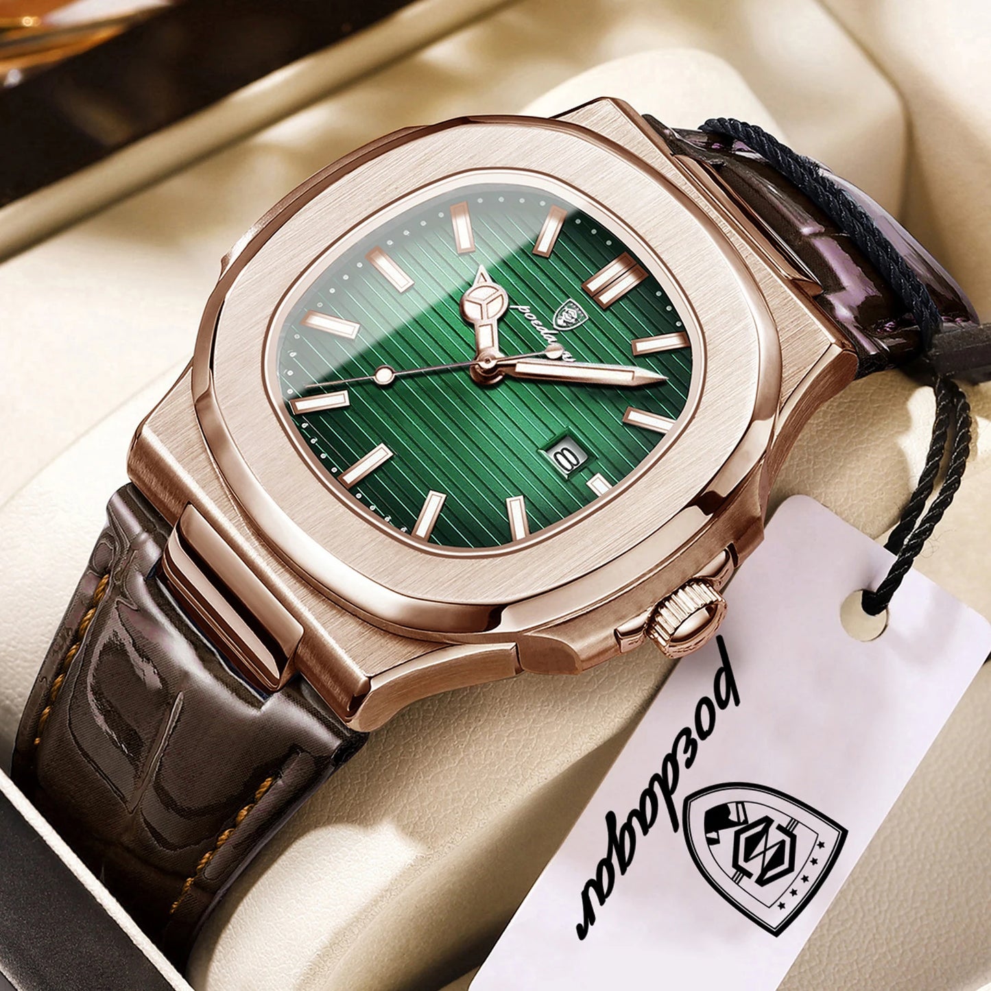 POEDAGAR Top Square Man Watch Date Waterproof Luminous Luxury Men Wristwatch High Quality Leather Men's Quartz Watches+Box Reloj