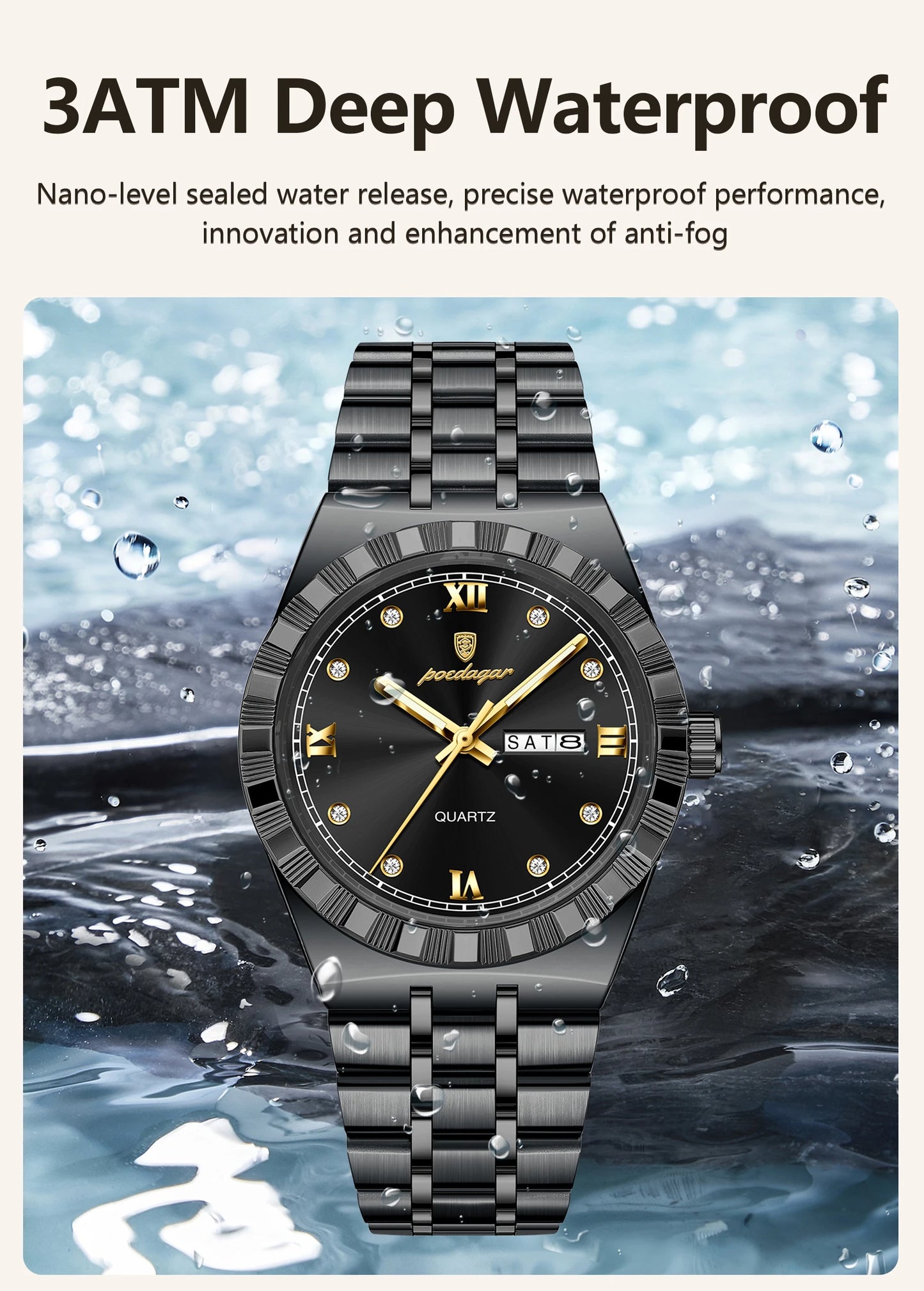 POEDAGAR Business Male Watches Waterproof Luminous Week Date Fashion Men's Wristwatch Stainless Steel Quartz Watch For Men Reloj