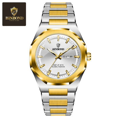 BINBOND Fashionable Men's Quartz Watch Dual Calendar Night Light Waterproof Trend Casual Business Sports Male Quartz Wristwatch