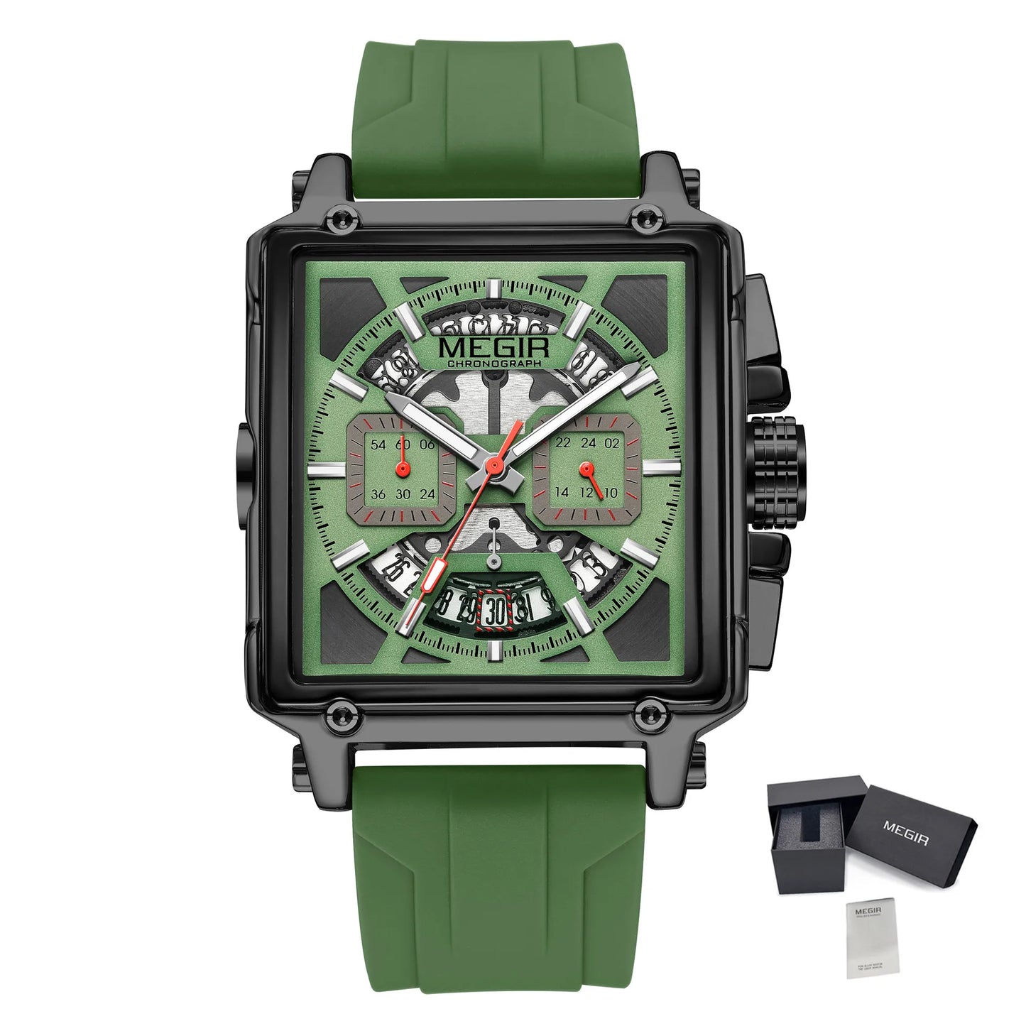 MEGIR Sport Watches for Men Waterproof Quartz Military Wristwatches Square Dial Male Chronograph Watch 24-hour Reloj Hombre 2233