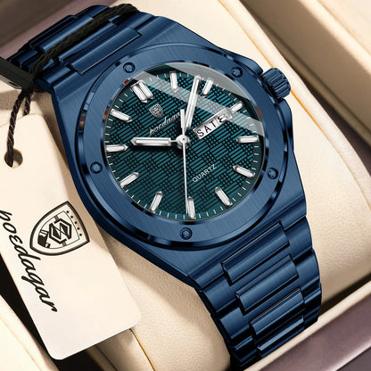 POEDAGAR Original Men Clock Quartz Date Week Luxury Man Wristwatch Waterproof Luminous Stainless Steel Sport Men's Watches Reloj