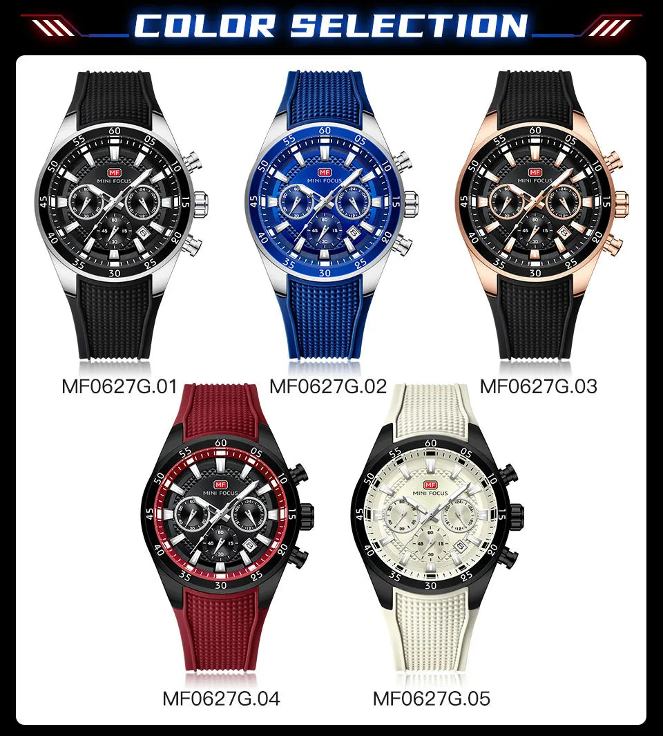 2026 New MINI FOCUS Men's Sports Quartz Watch Casual Analog Wrist Watch with Luminous Hands Silicone Strap Date Water Resistant