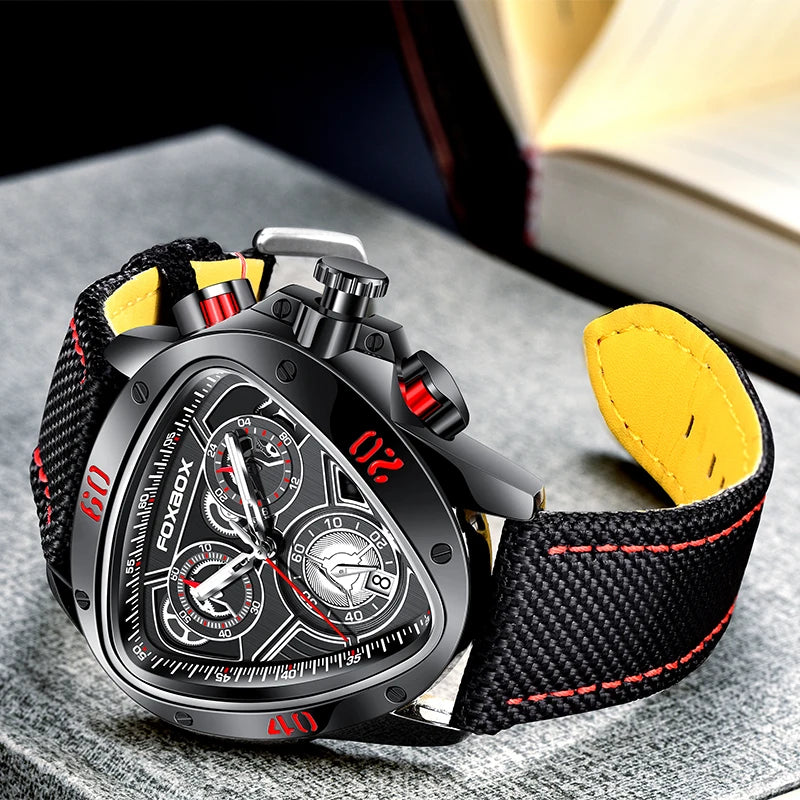 FOXBOX Fashion Luxury Quartz Man Watch Creative Big Dial Chronograph Date Nylon Strap Casual Sport Triangle Men's Watches Clocks