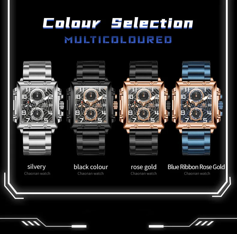 OLEVS Brand Square Multifunctional Quartz Watch for Men Stainless Steel Waterproof Sport Chronograph Mens Watches Reloj Hombre