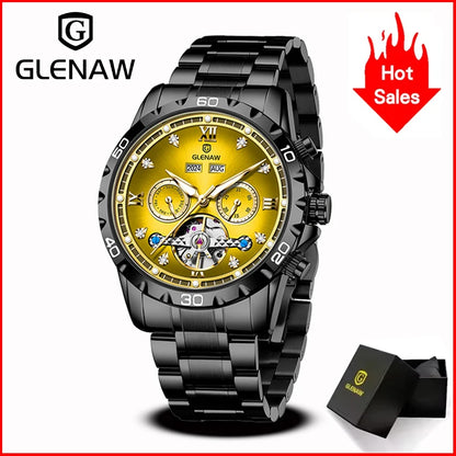 GLENAW NEW Year Month Sunday Multi-functional Mechanical Watch Men luxury Stainless Steel Waterproof Automatic watch steel strip