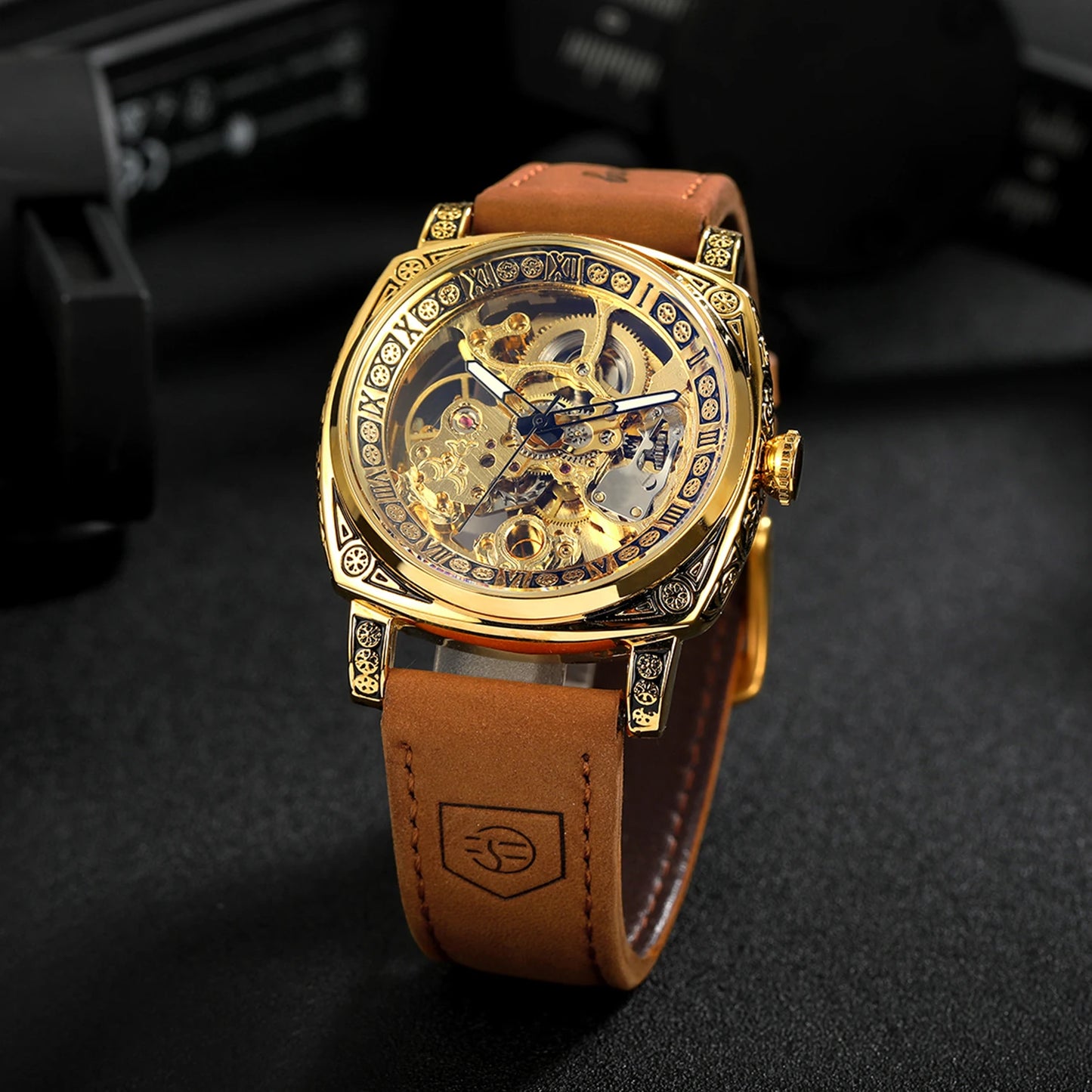 Forsining Royal Retro Skeleton Automatic Mechanical Watch for Men Leather Strap Business Casual Mens Watches Top Brand Gifts New