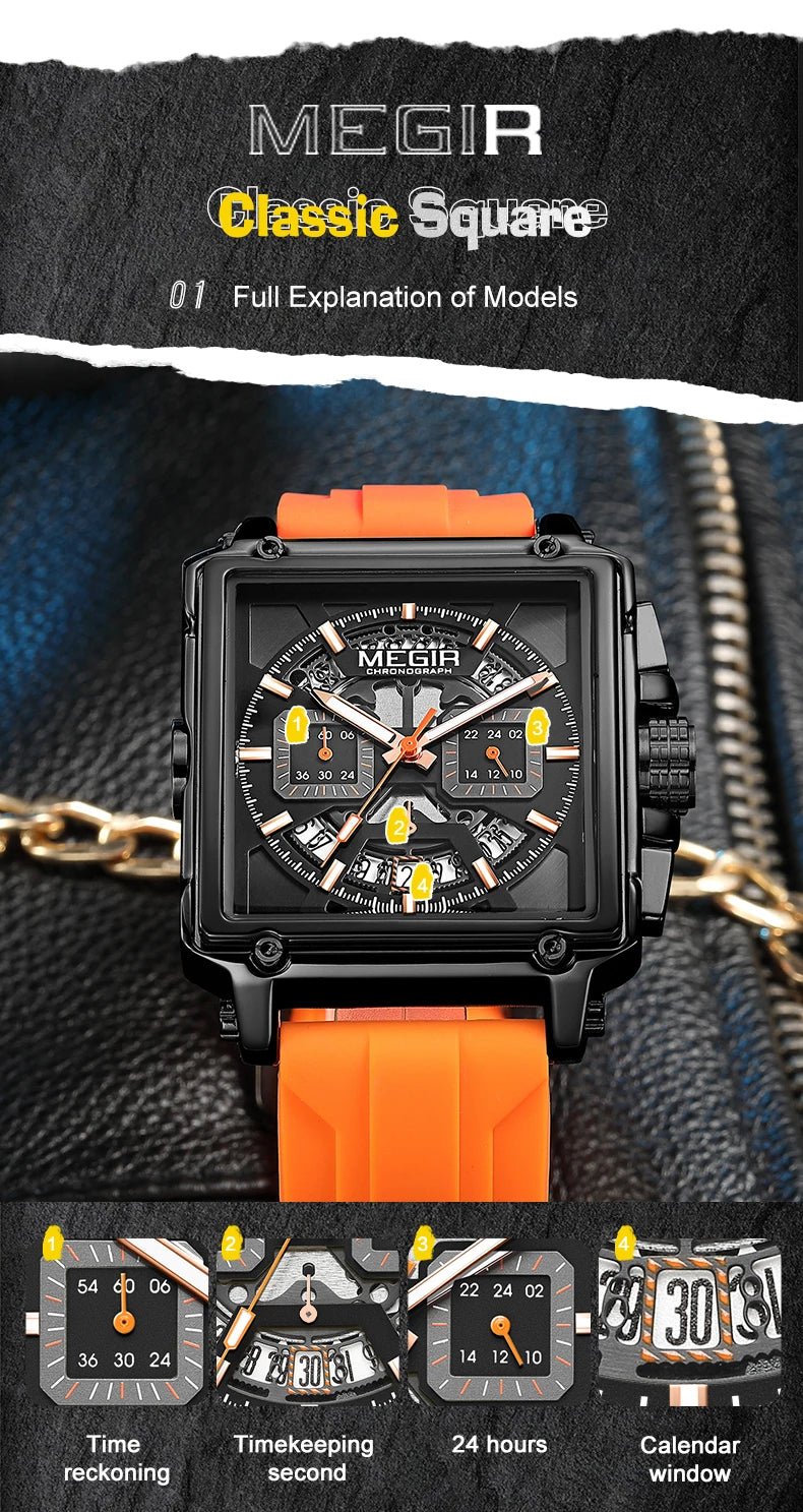 MEGIR Sport Watches for Men Waterproof Quartz Military Wristwatches Square Dial Male Chronograph Watch 24-hour Reloj Hombre 2233