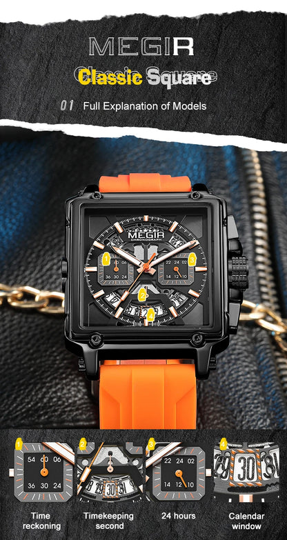MEGIR Sport Watches for Men Waterproof Quartz Military Wristwatches Square Dial Male Chronograph Watch 24-hour Reloj Hombre 2233