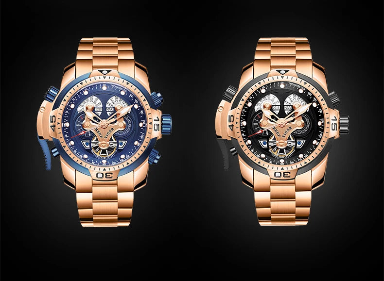 Reef Tiger/RT Designer Stainless Steel Completed Calendar Automatic Watch Men Date Rose Gold Bracelet Mechanical Watches RGA3503