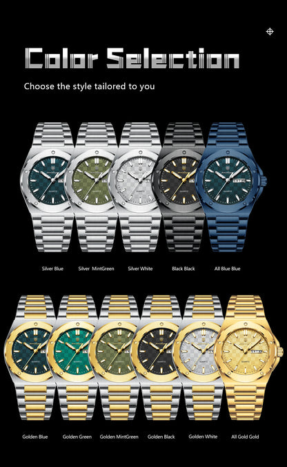 POEDAGAR Original Men Clock Quartz Date Week Luxury Man Wristwatch Waterproof Luminous Stainless Steel Sport Men's Watches Reloj