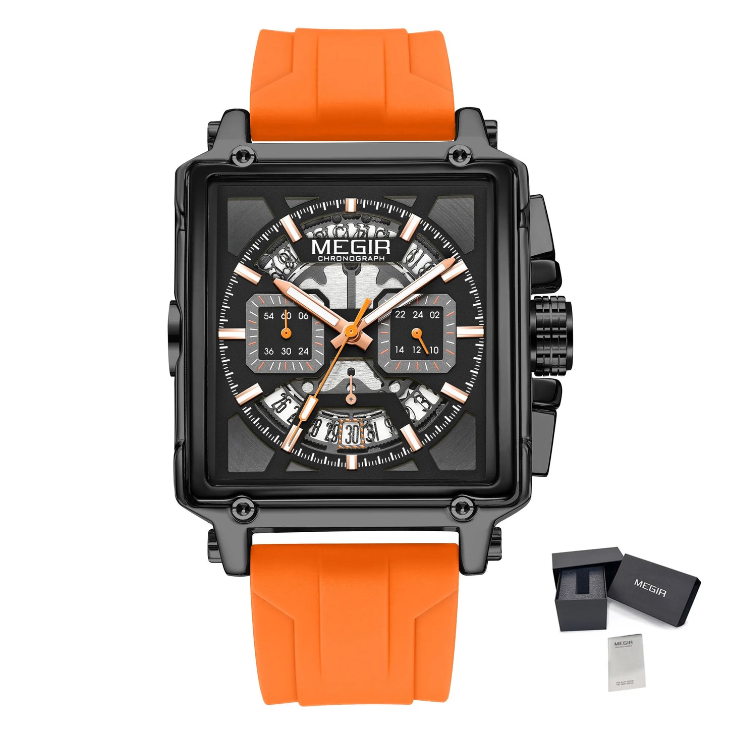 MEGIR Sport Watches for Men Waterproof Quartz Military Wristwatches Square Dial Male Chronograph Watch 24-hour Reloj Hombre 2233