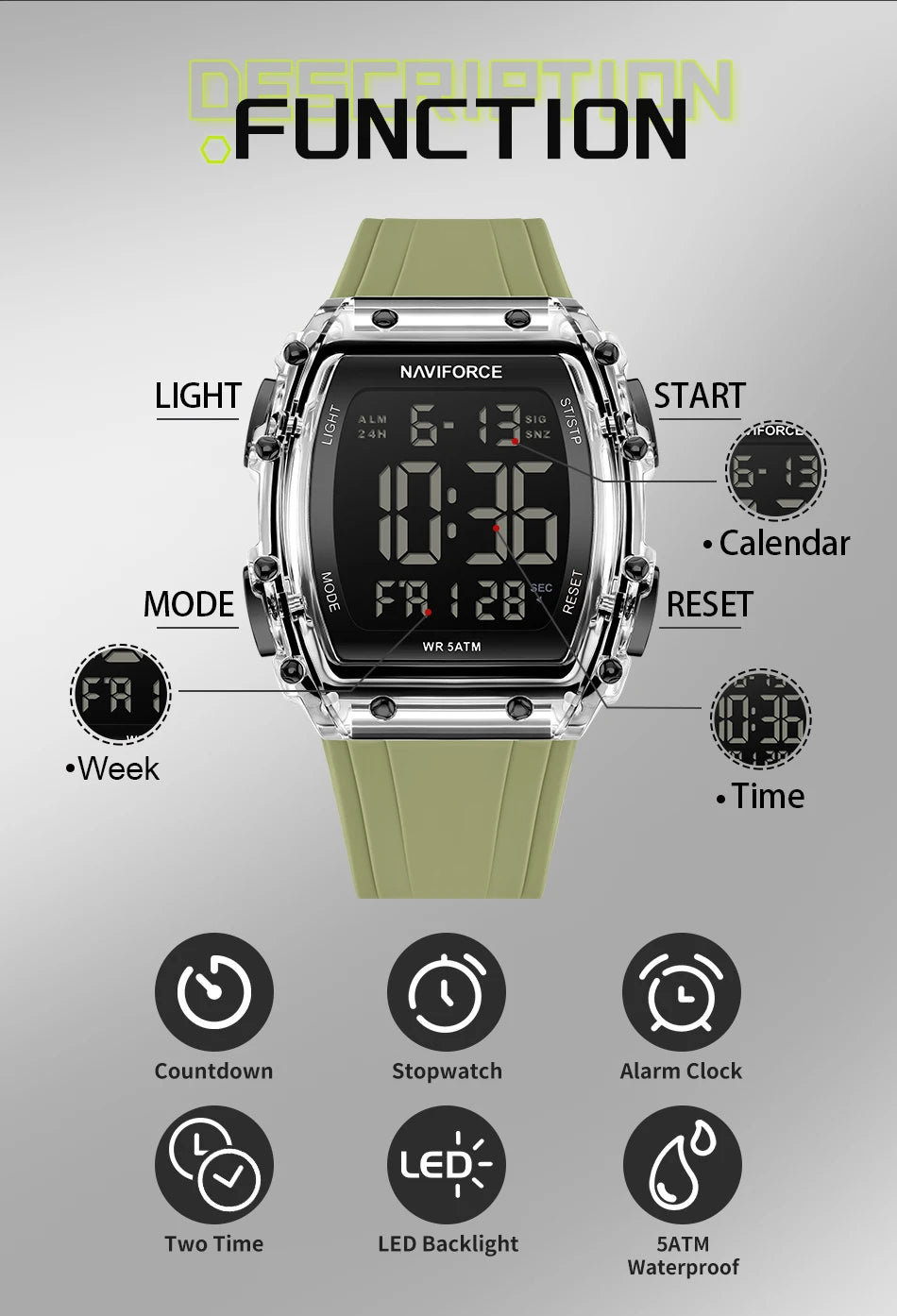 NAVIFROCE Relogio Masculino 2025 Man LCD Display Wristwatches Men Watches Luminous Military Sport Waterproof Quartz Male Clock