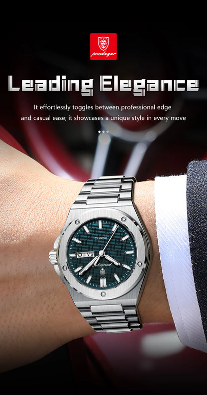 POEDAGAR Original Men Clock Quartz Date Week Luxury Man Wristwatch Waterproof Luminous Stainless Steel Sport Men's Watches Reloj