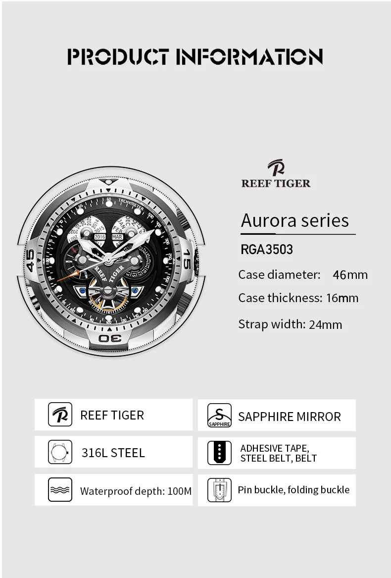 Reef Tiger/RT Designer Stainless Steel Completed Calendar Automatic Watch Men Date Rose Gold Bracelet Mechanical Watches RGA3503