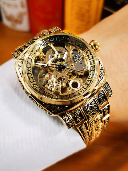 Forsining Gold Square Skeleton Automatic Mechanical Watches Engraved Design Luminous Hands Stainless Steel Strap Retro Men Watch