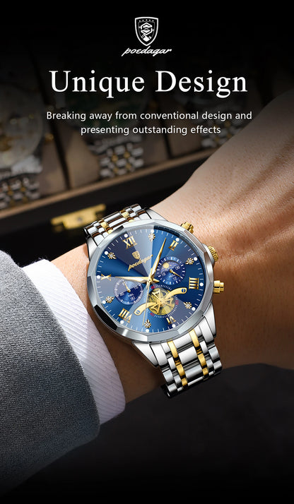 POEDAGAR Exquisite Business Men Watch Waterproof Luminous Chronograph Luxury Man Watches Stainless Steel Men's Quartz Wristwatch