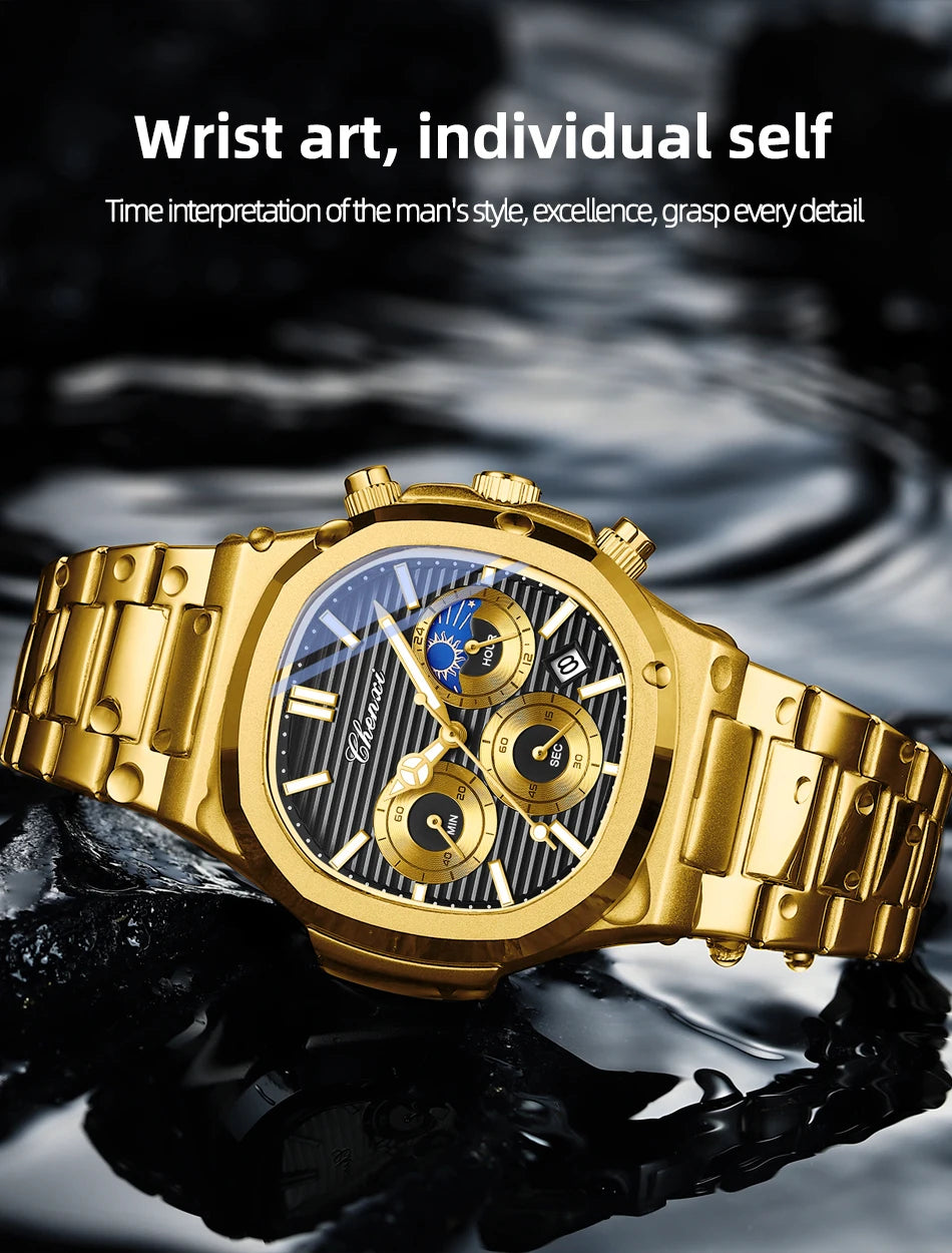 CHENXI Luxury Business Multifunctional Men's Watches Waterproof Chronograph Moonphase Stainless Steel Men's Quartz Watch Casual