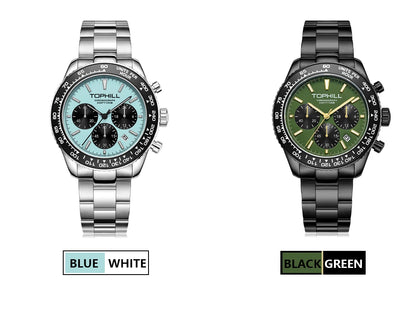 TOPHILL Racing Chronograph Men’s Quartz Watch Panda dial Tachymeter Bezel Sport Wristwatch Stainless Steel 100M Waterproof