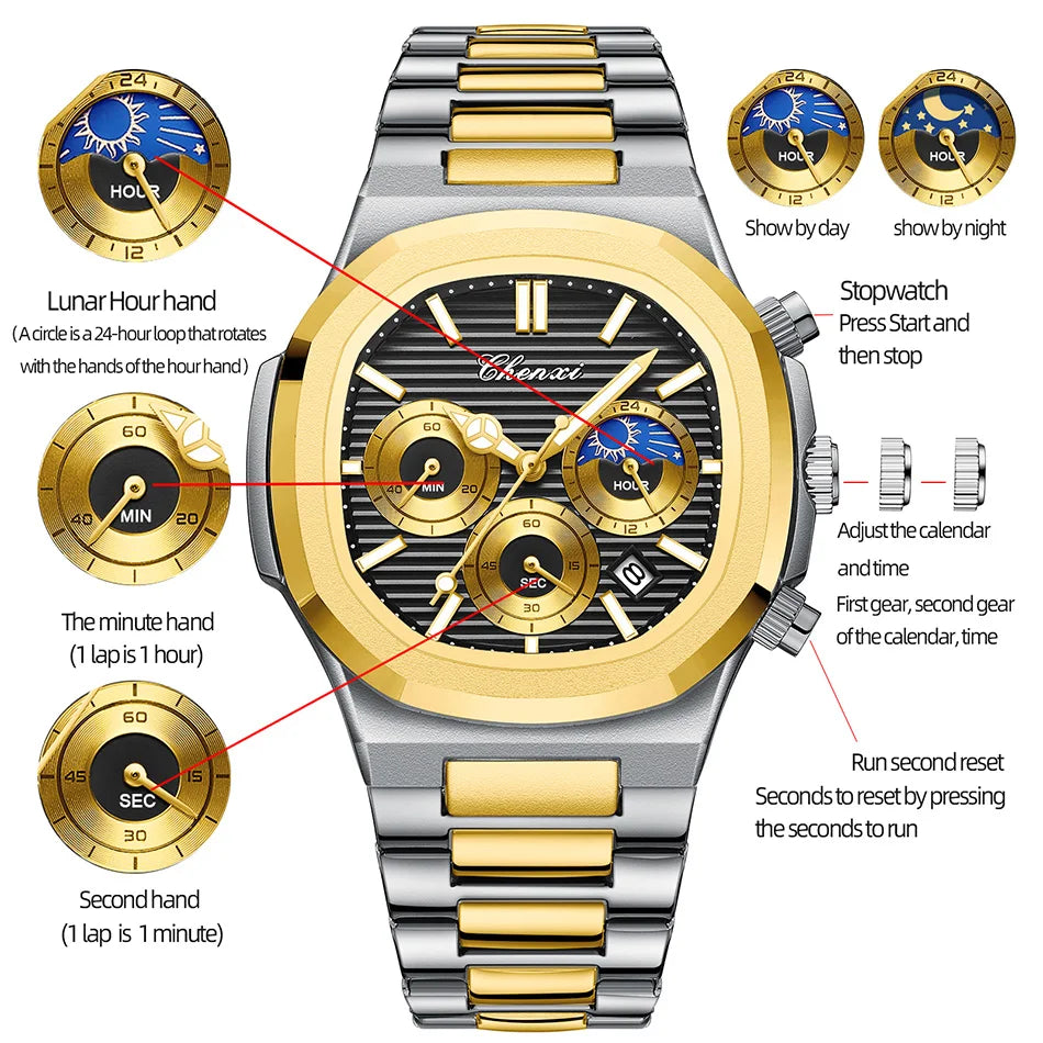 CHENXI Fashion Simple Man's Watches Timing Night Light Waterproof Functions Quartz Watch Room Gold Dial Men's Wristwatch Gift