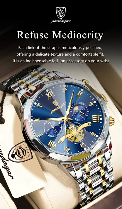 POEDAGAR Exquisite Business Men Watch Waterproof Luminous Chronograph Luxury Man Watches Stainless Steel Men's Quartz Wristwatch