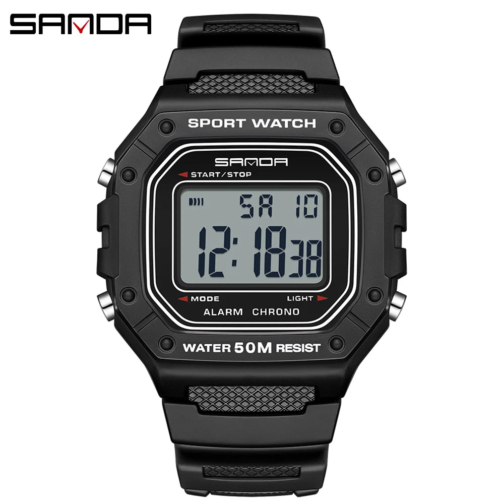 SANDA Fashion 2156 Men's Electronic Watch Movement Rectangular Sports Waterproof LED Display Screen Dial Men's Electronic Watch