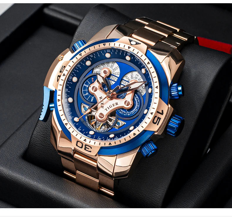 Reef Tiger/RT Designer Stainless Steel Completed Calendar Automatic Watch Men Date Rose Gold Bracelet Mechanical Watches RGA3503