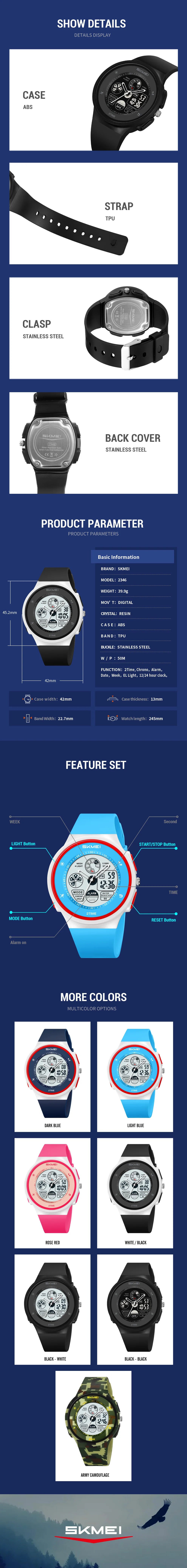 SKMEI 2346 New Arrival Colorful Fashion Unisex Men Women Time Big Digital Display PC Classic Sport Watch Chronograph Wristwatch