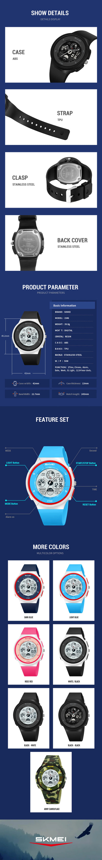 SKMEI 2346 New Arrival Colorful Fashion Unisex Men Women Time Big Digital Display PC Classic Sport Watch Chronograph Wristwatch
