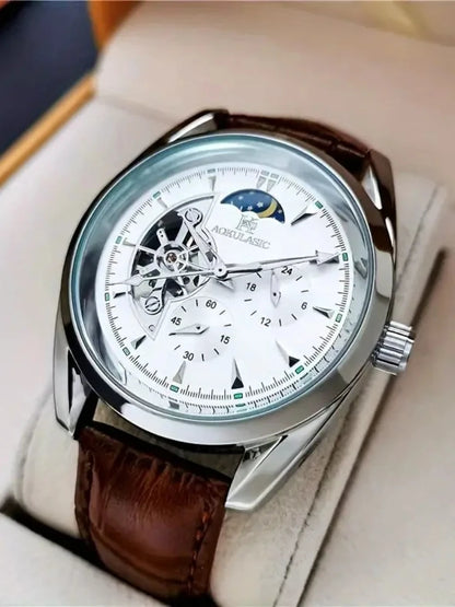 Luxury Men's Automatic Mechanical Watch, Cool Hemispherical Design, Best-Selling Men's Watch, Moon Phase Pointer, Skeleton Design, the Best Gift for Him, No Battery Needed