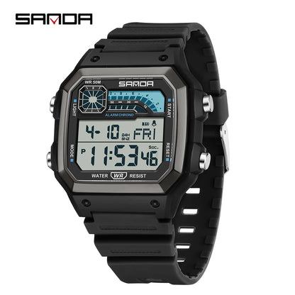 SANDA 6196 Student Electronic Watch Night Light Waterproof Sports Men's Lightweight Square Luxury Classic  Electronic Watch